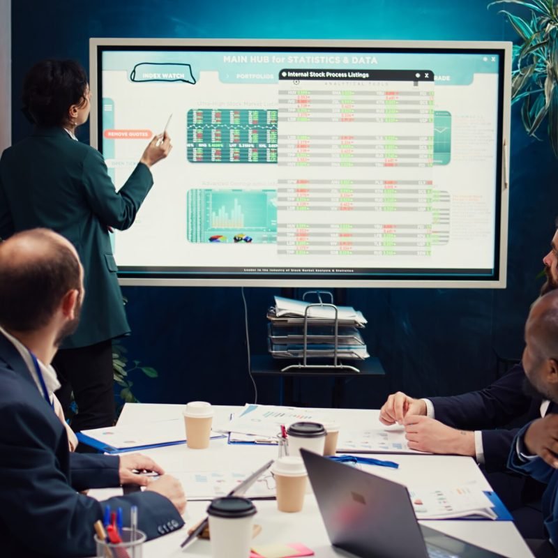 Operations manager develops sales strategies and targets, task based on market dynamics and customer feedback shown on interactive board. Specialist attends a meeting with colleagues. Camera B.